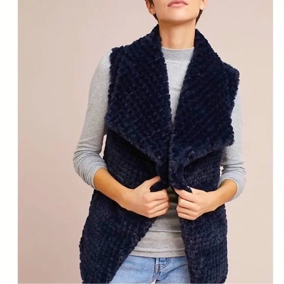 ANTHROPOLOGIE NVLT Navy Fur Vest - Picture 1 of 10
